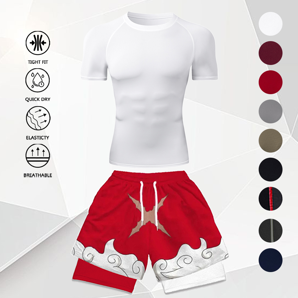 Anime & Cosplay Expo Acx 2025 - Herren 2-teiliges Anime Gym-Outfit Weißes Kompressions-T-Shirt